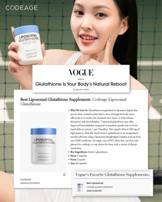 Tạp chí Vogue danh tiếng đã bình chọn Glutathione của Codeage trong Top 7 sản phẩm Glutathione đáng mua. 