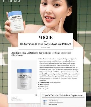 Tạp chí Vogue danh tiếng đã bình chọn Glutathione của Codeage trong Top 7 sản phẩm Glutathione đáng mua.
